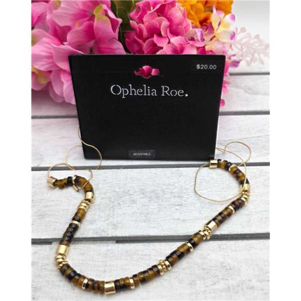 Faux Tortoise Heishi Bead Necklace Gold Tone Adjustable Slider 28 In Ophelia Roe 16$